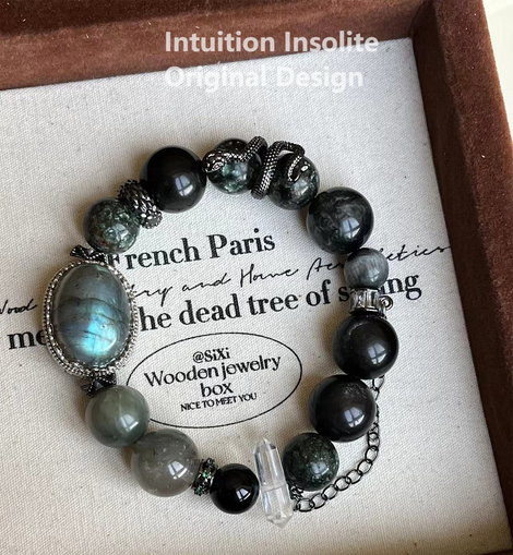 Green Dragon Quartz, White Quartz, and Silver Sheen Obsidian Crystal Designed Bracelet