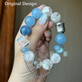 Aquamarine, Snowflake Obsidian, Clear Quartz, and Sterling Silver Chain Crystal Designed Bracelet