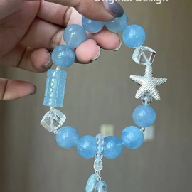 Aquamarine, White Crystal, and 925 Silver Starfish Crystal Designed Bracelet