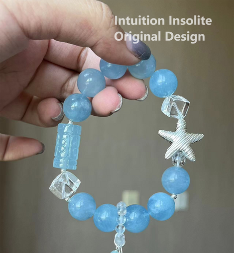 Aquamarine, White Crystal, and 925 Silver Starfish Crystal Designed Bracelet