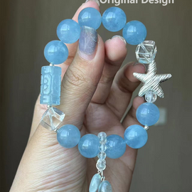 Aquamarine, White Crystal, and 925 Silver Starfish Crystal Designed Bracelet