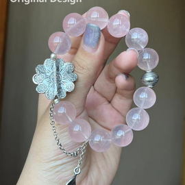 Rose Quartz Sterling Silver Floral Accent Crystal Design Bracelet