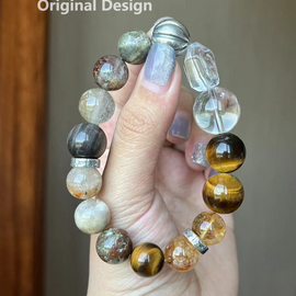 Green Phantom Quartz, Yellow Tiger's Eye, and Yellow Topaz Silver Fittings Crystal Bracelet